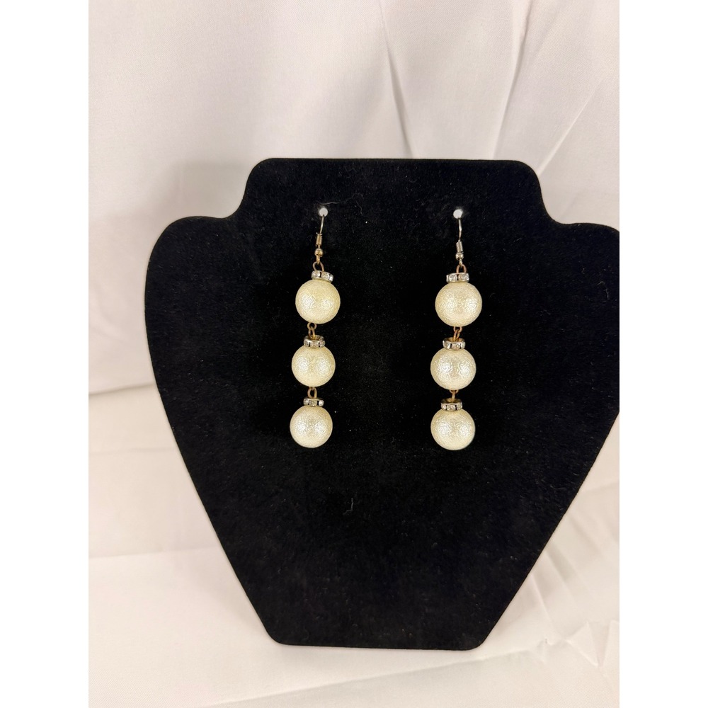 Unbranded Drop Earrings OS Cream Faux Pearl Rhinestone Graduated Dangle Fishhook